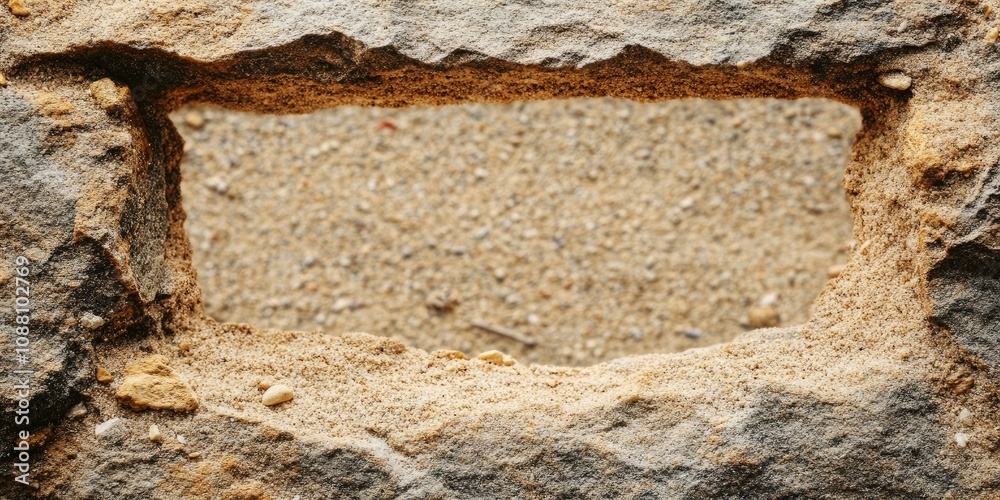 Aufkleber close-up of a stone frame against a sandy background. beach. copy space.