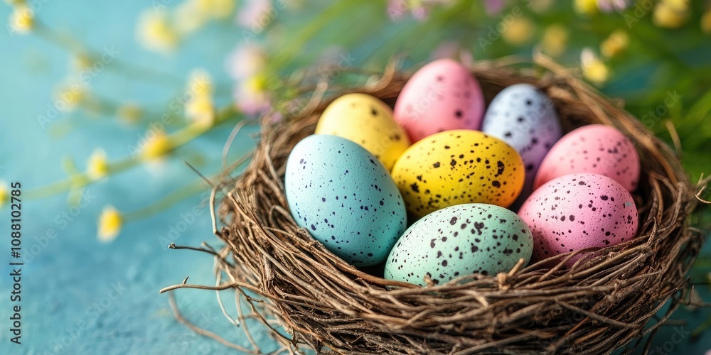 Poster easter nest with colorful tiny eggs. close-up of dyed eggs. adorable easter symbol. simple minimalis