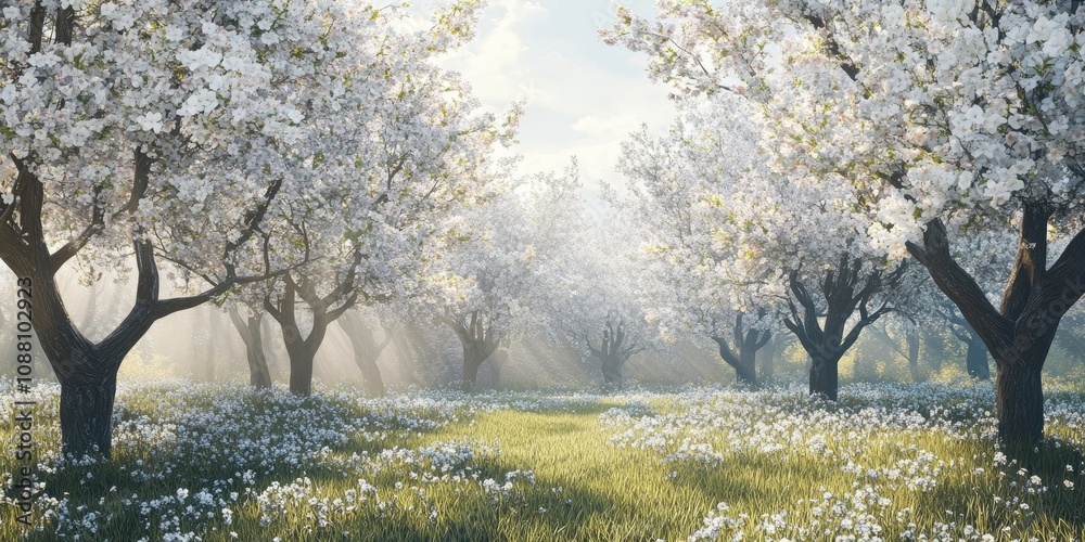 Poster blooming field of cherry trees with white flowers on a sunny spring day - image