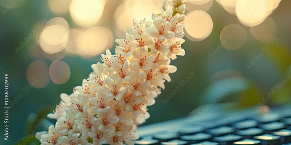 Poster Abstract soft blur and gentle focus of Indian cork flower, Millingtonia hortensis, Bignoniaceae, accompanied by a keyboard and bokeh backdrop.