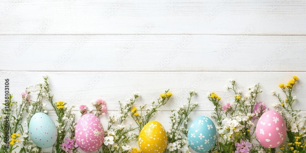 Poster vibrant easter eggs and spring blooms. a top view with a side border set against a white wooden back