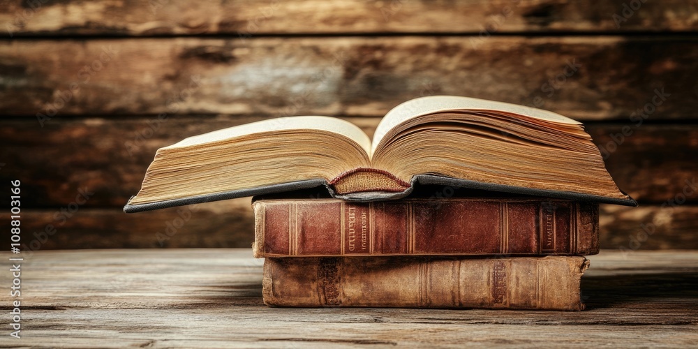Poster stacked open hardback books on a wooden table. copy space