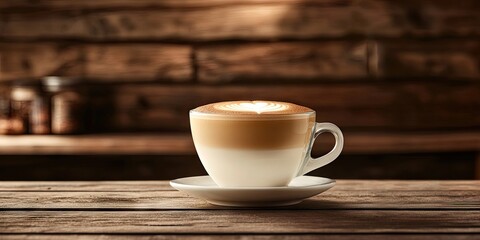 Obraz premium A lovely cup of cappuccino featuring latte art set against a wooden background. A cozy coffee shop atmosphere. Simple composition. Side view, copyspace for your text.