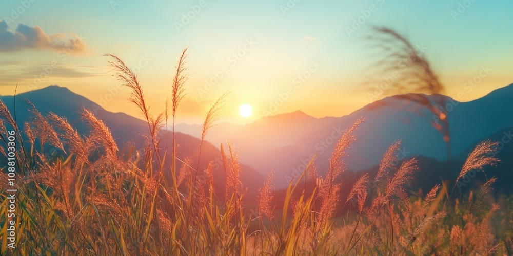 Poster Panoramic view of a sunset behind mountains on a tropical grassland. Artistic transparent wild grass in full bloom. Abstract design with shadows and sun rays, featuring lens flare.