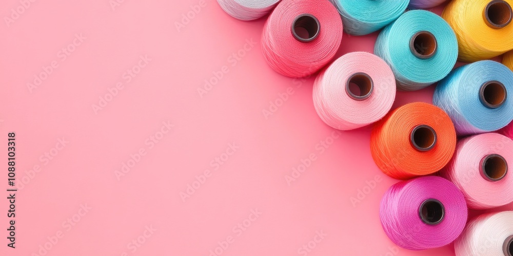 Poster Multi-colored spools of sewing thread on a pink backdrop. Copyspace for text. Horizontal layout.