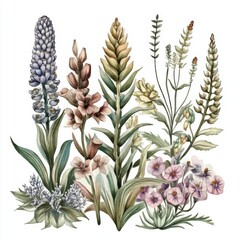 Fototapeta premium Watercolor Botanical Floral Arrangement Vintage Flowers Plants Greenery