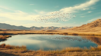 Obraz premium A flock of birds flies over a tranquil lake and desert landscape.