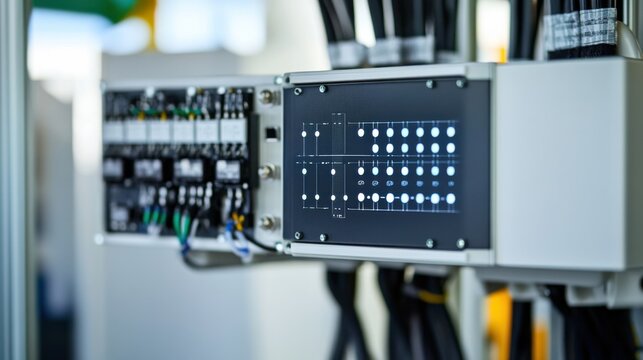 A detailed view of a renewable energy microgrid control system, with smart grid management features, Energy technology style