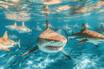 A group of sharks swim in a clear blue ocean, with the lead shark looking directly at the camera.