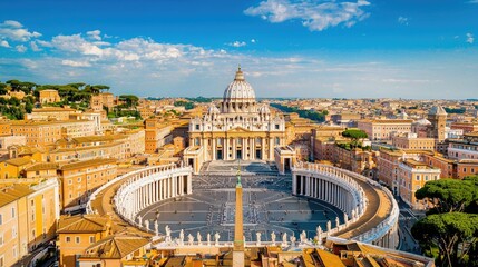 Plakat A stunning aerial view of St. Peter's Basilica in Vatican City, showcasing its grand architecture and surrounding landscape under a clear blue sky.