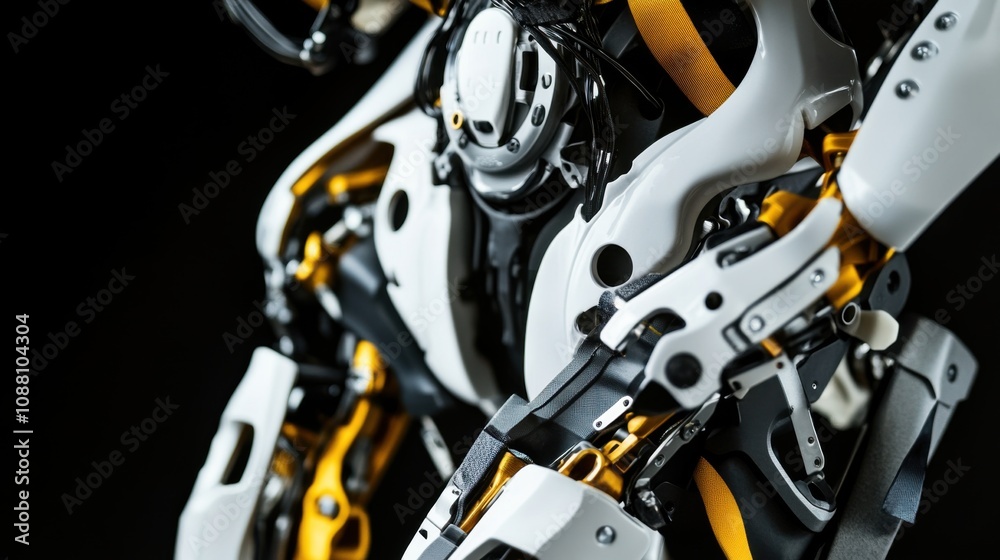 Poster a detailed view of a robotic exoskeleton's actuators and joint mechanisms assisting with mobility, e