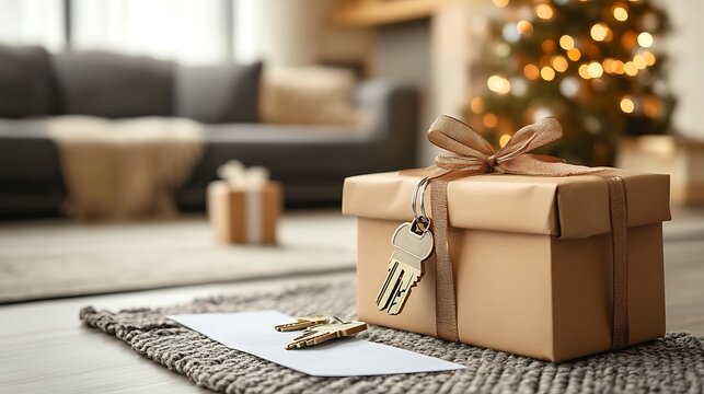 Christmas house keys gift in living room.