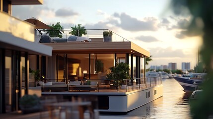Fototapeta premium Luxurious floating home at sunset on calm waterfront.
