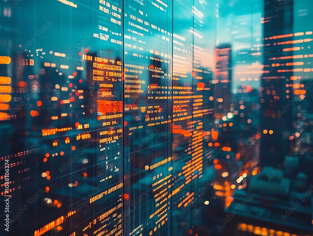 Aufkleber Cityscape at night reflected on a large screen displaying data streams.
