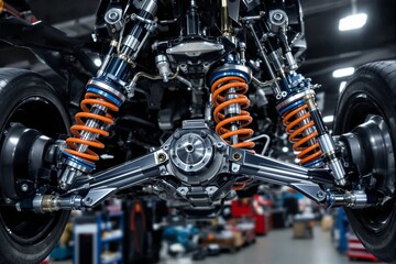 Close-Up View of High-Performance Automotive Suspension System with Coil Springs and Shock Absorbers