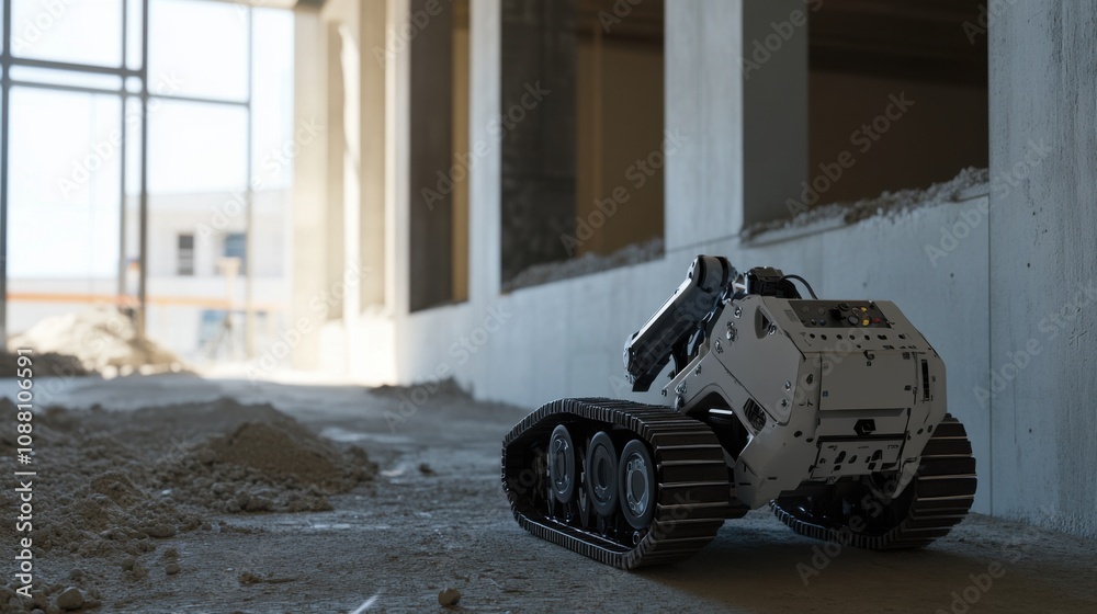 Aufkleber A futuristic AI-driven autonomous construction robot, clean building site with advanced robotics for automated construction tasks and precision building techniques, Construction style
