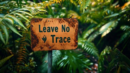 A weathered sign in a lush forest urges visitors to Leave No Trace, promoting environmental conservation and responsible outdoor practices.