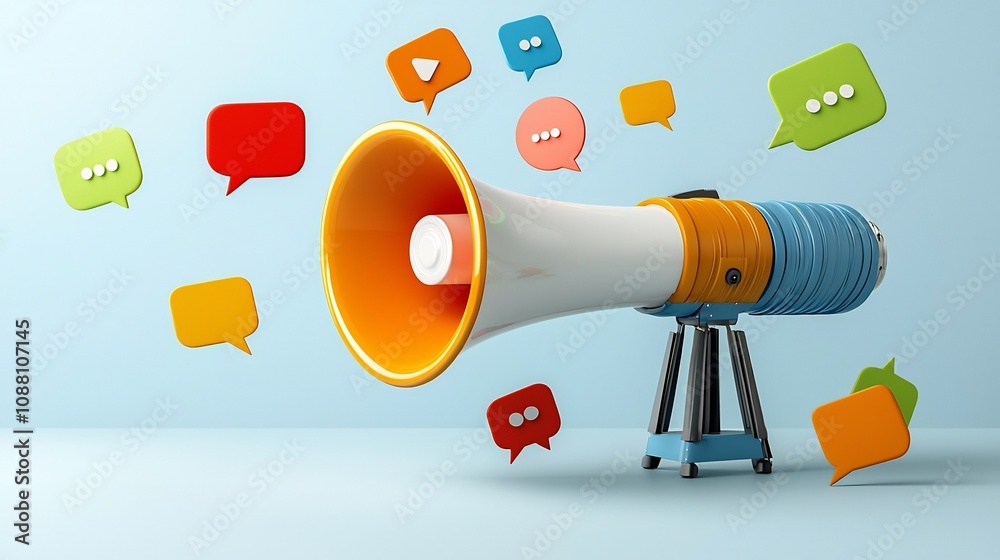 Aufkleber Vibrant and bold megaphone design with colorful speech bubbles floating in a clean digital space representing powerful marketing and social media messaging to connect with target audience