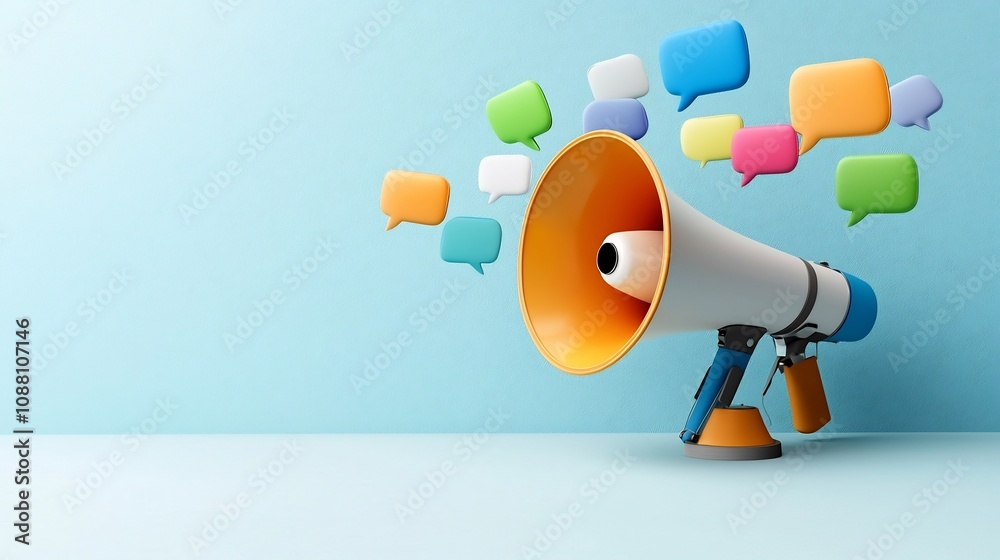 Leinwandbilder vibrant megaphone with bold colorful speech bubbles floating in clean minimalist space representing 