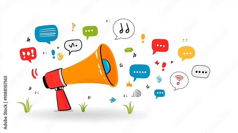 Poster Vibrant of a lively megaphone with colorful speech bubbles designed to represent marketing advertising and messaging concepts for digital and graphic design applications