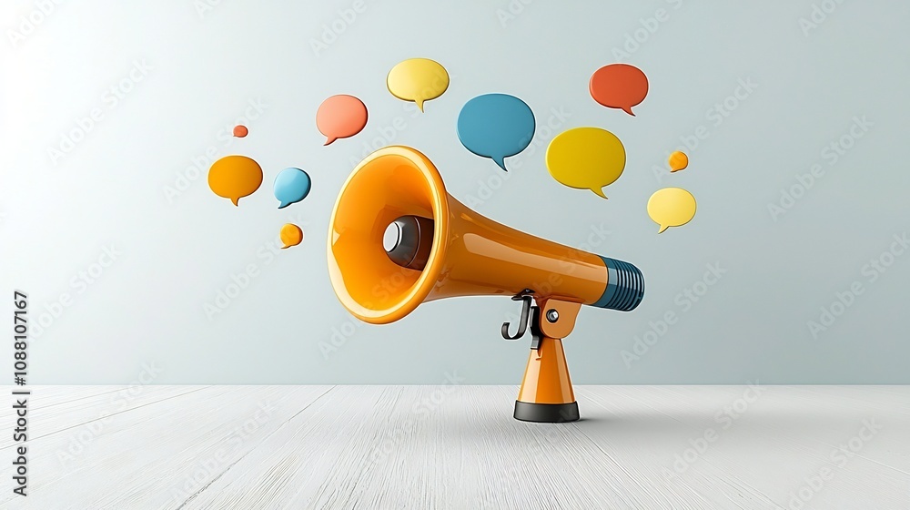 Aufkleber vibrant megaphone with bold colorful speech bubbles floating in clean space representing the power o