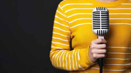 A person in a striped yellow sweater holds a retro microphone against a dark background, symbolizing music and performance.