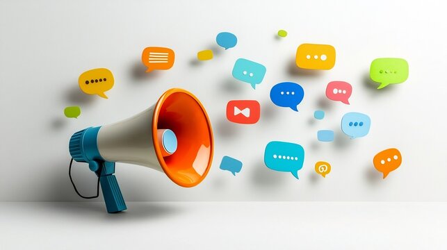 Vibrant megaphone with bold colorful speech bubbles floating in a clean modern space representing impactful marketing and social media messaging for brands campaigns and digital outreach