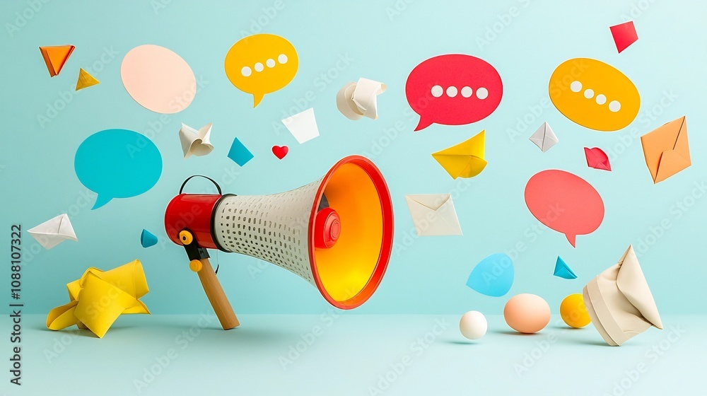 Aufkleber Vibrant and colorful megaphone with floating speech bubbles on a clean background representing an advertising and social media messaging concept  This image can be used for a variety of marketing