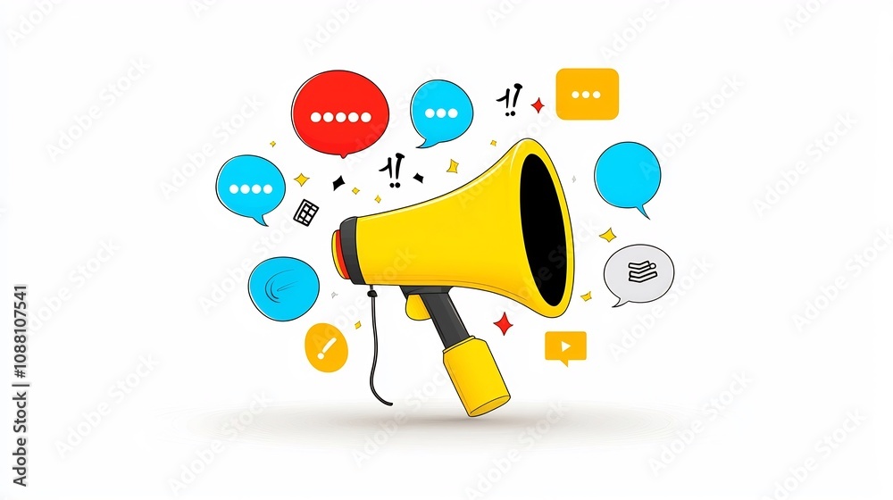 Aufkleber Colorful megaphone with bold speech bubbles in a digital abstract space environment representing the concept of digital advertising online messaging and multimedia communication in a stylized