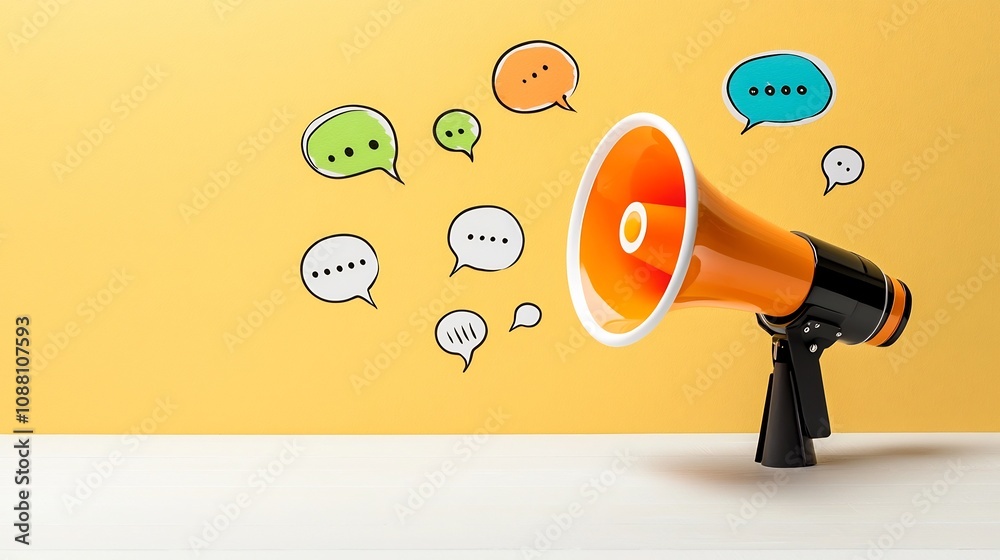 Aufkleber vibrant megaphone with colorful floating speech bubbles on a clean background representing marketing