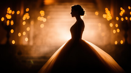 stunning silhouette of bride in beautiful gown, surrounded by warm bokeh lights, creating magical atmosphere for wedding celebration