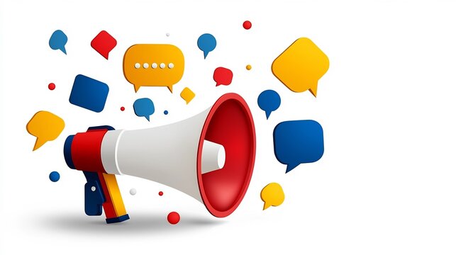 Vibrant Megaphone with Bold Speech Bubbles Floating in Stylized Cosmic Space Representing Digital Advertising and Messaging in a Modern Design
