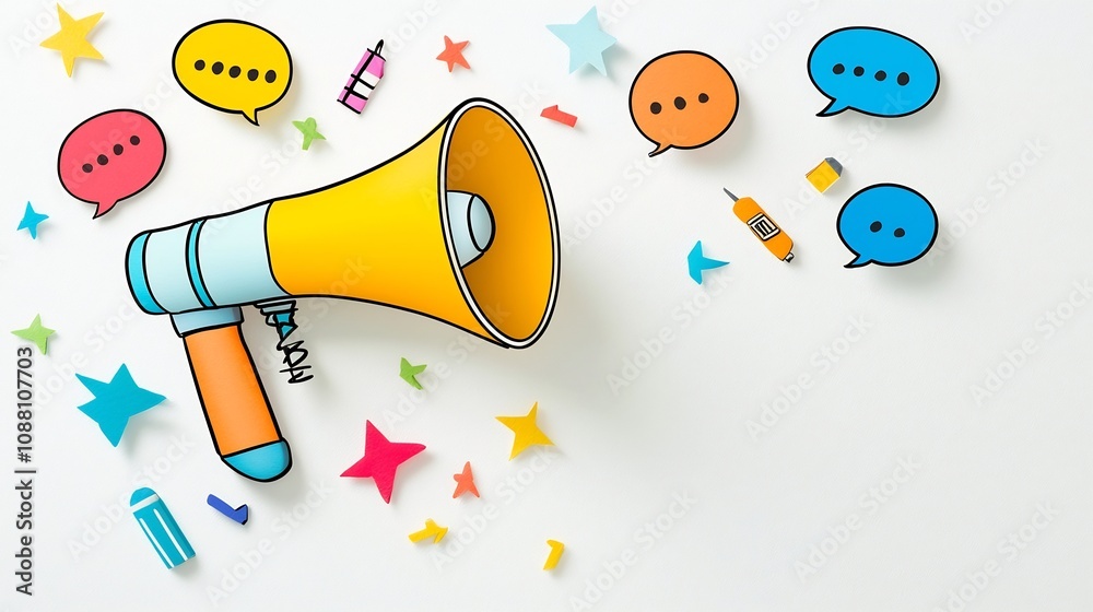 Aufkleber megaphone with vibrant speech bubbles in format on a simple background for effective marketing and s
