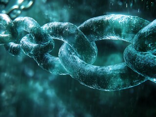 Close-up of a dark teal, icy chain, links interlocked, with a blurred background suggesting water or mist.