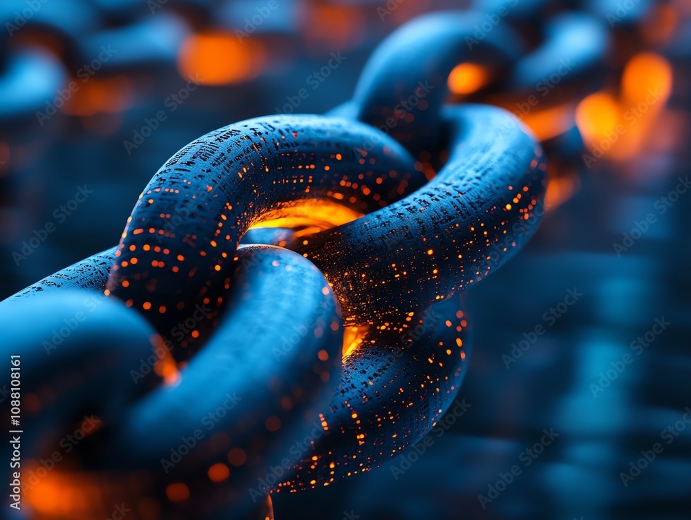 Poster close-up of a glowing blue metal chain, links interconnected, showing digital data embedded within.