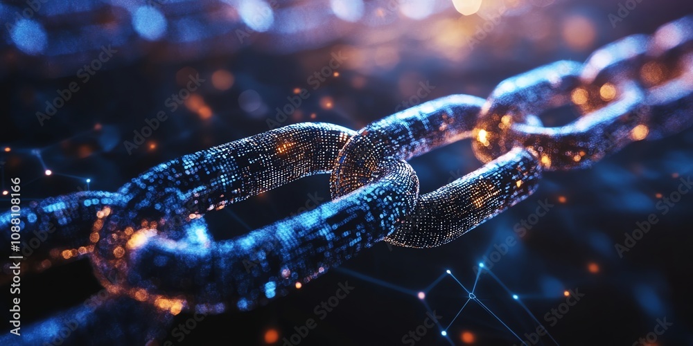 Poster Close-up of a glowing digital chain, representing connection and security.