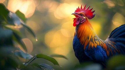 Fototapeta premium Vibrant rooster crowing at dawn in lush foliage.