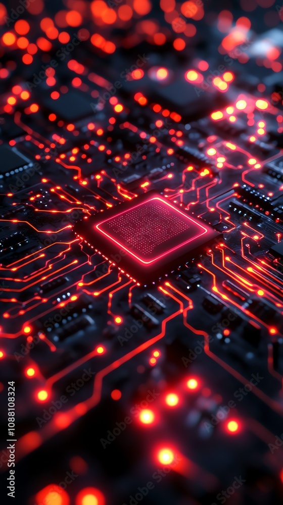 Leinwandbilder Close-up of a glowing red CPU on a circuit board.