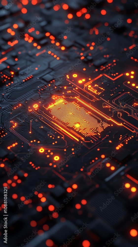 Poster close-up of a glowing circuit board, showcasing intricate details and vibrant orange light.