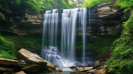 Obraz premium A majestic waterfall cascades down from the cliff