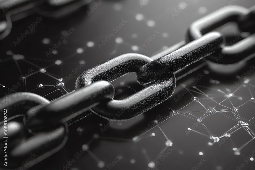 Aufkleber Close-up of a metallic chain with interconnected nodes in the background, symbolizing connection and security.