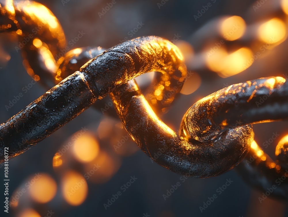 Poster close-up of a metallic chain glowing with warm light.