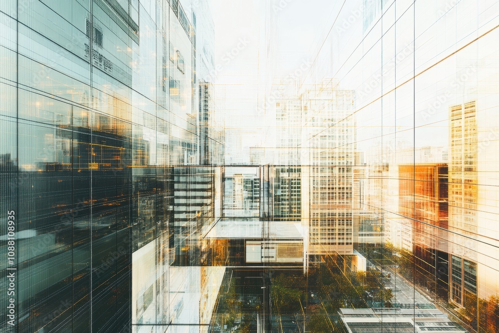 Poster the city features futuristic architecture with gleaming glass buildings interconnected by an advance