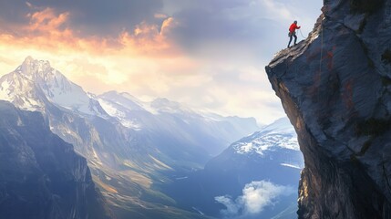 A man is climbing a mountain with a red jacket. The mountain is covered in snow and the sky is cloudy