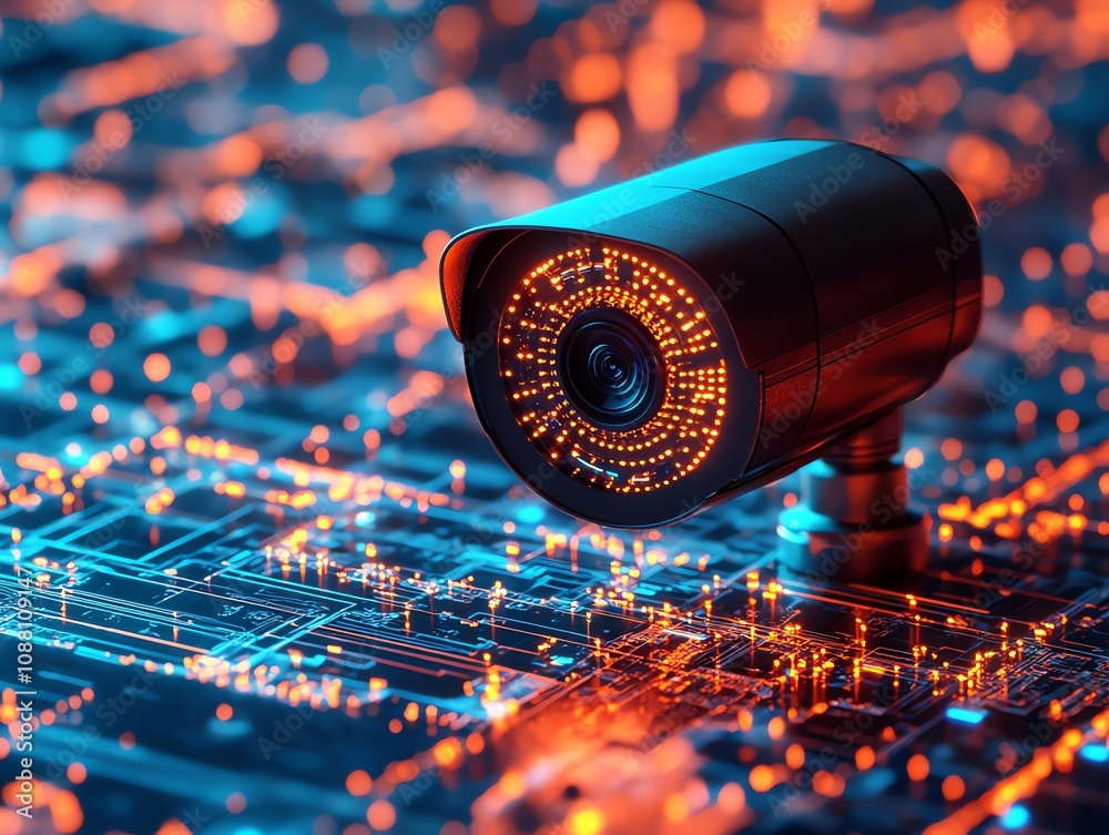 Poster close-up of a security camera on a circuit board, illuminated with vibrant orange and blue light.