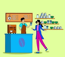 an illustration of a coffee shop pamphlet depicting a person taking a coffee order in a modern illustration style