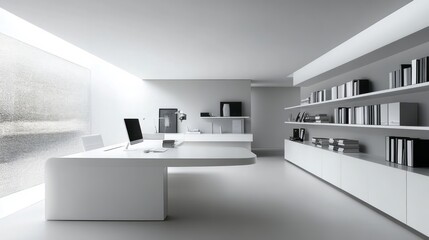 Modern Minimalist White Office Design With Built In Shelving