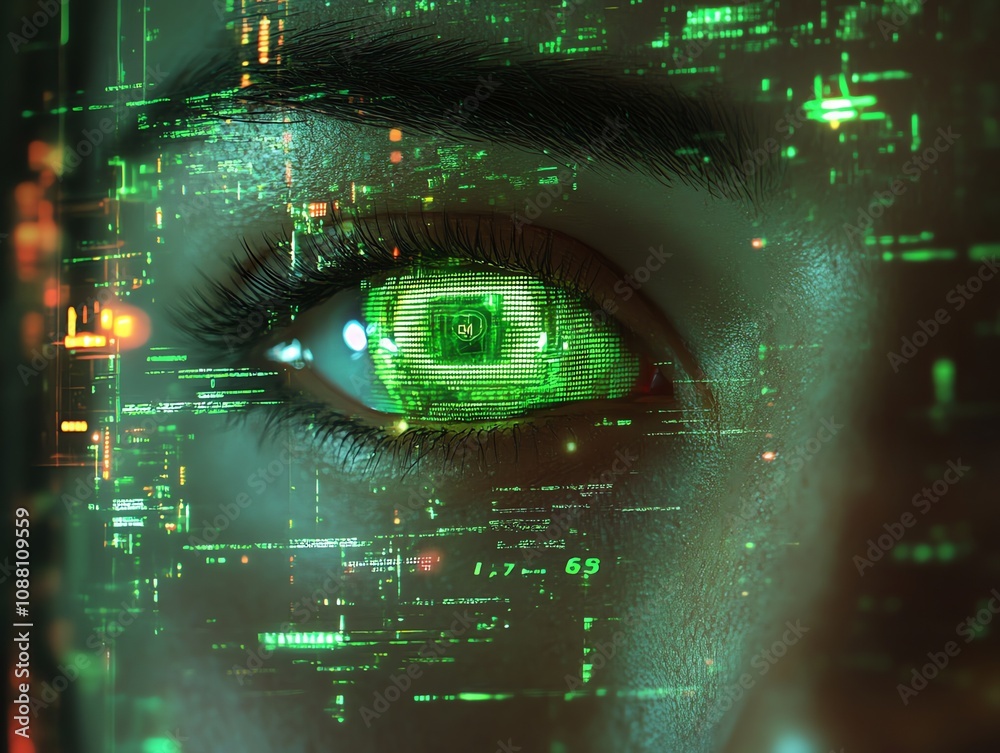 Poster close-up of a woman's eye overlaid with a green digital code, symbolizing technological integration.