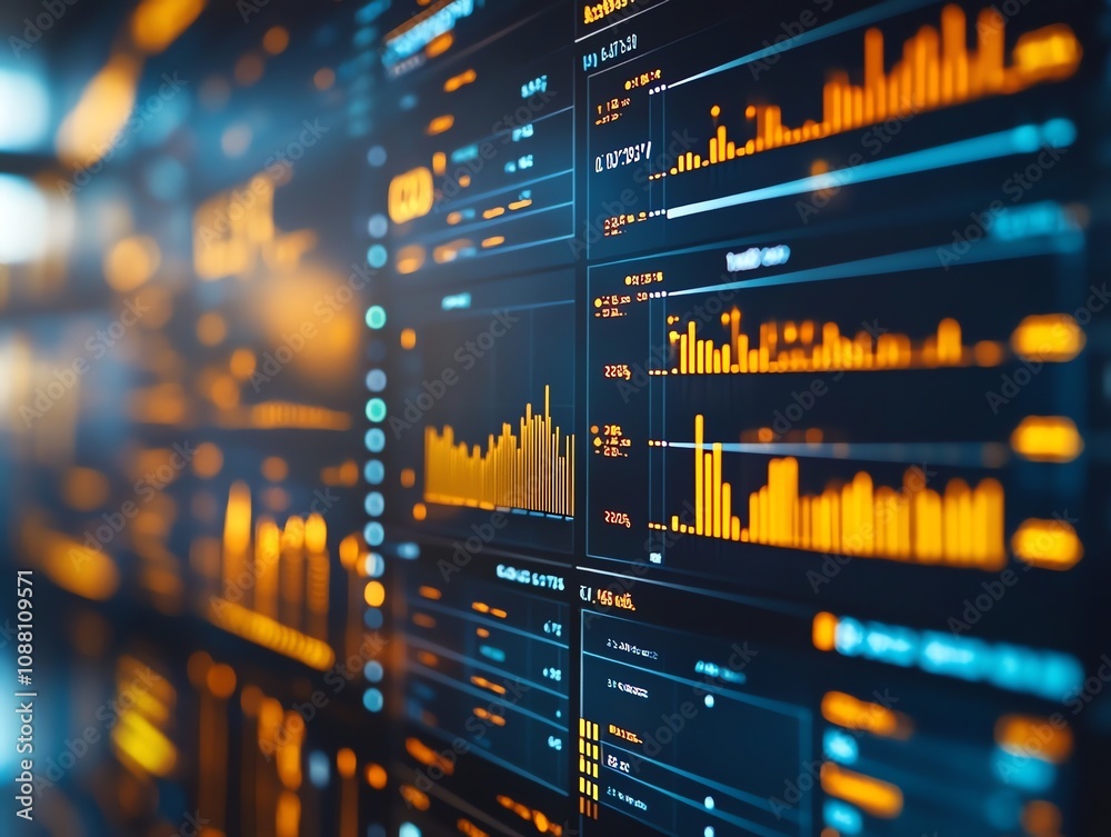 Poster close-up of glowing digital screen displaying financial data, charts, and graphs.