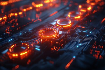 Fototapeta premium Close-up of glowing orange and blue circuit board with intricate details.